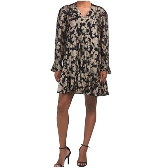 Anthropologie Dresses & Skirts - NWT Anthropologie Metallic Floral Mini Dress Black Gold XS Long Sleeve V-Neck